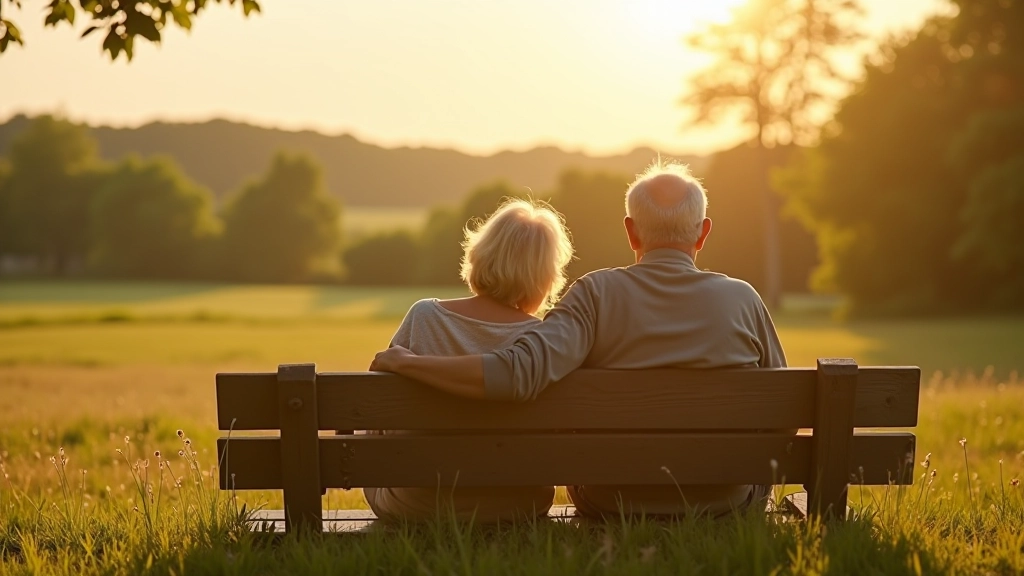 Senioru pāris sēž uz lauka klints, vērojot ainavu un sarunājoties