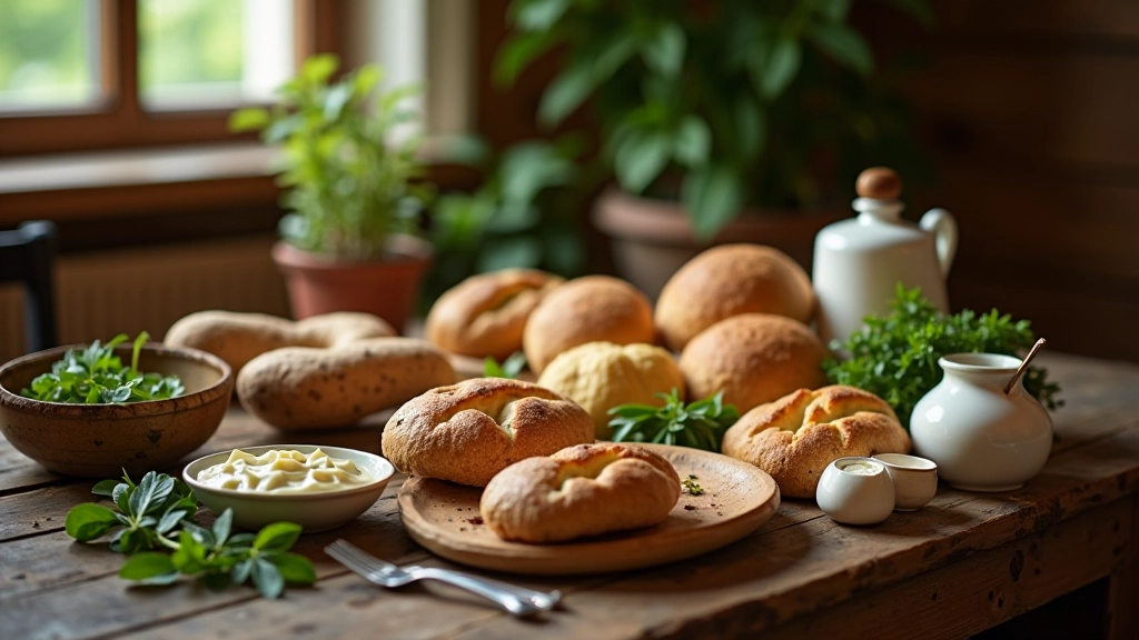 Tradicionāli Latvijas lauku ēdieni uz drvētas galda, maize, pieņemšana ar sviestiem, vietējie produkti dabas gaismas apgaismojumā